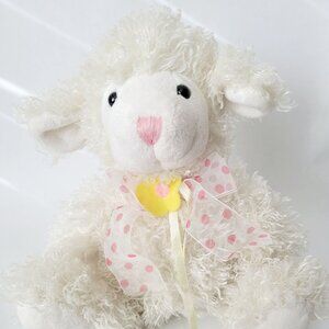 Lamb Curly Sheep White With Pink Polka Dot Ribbon Yellow Flower Stuffed Animal